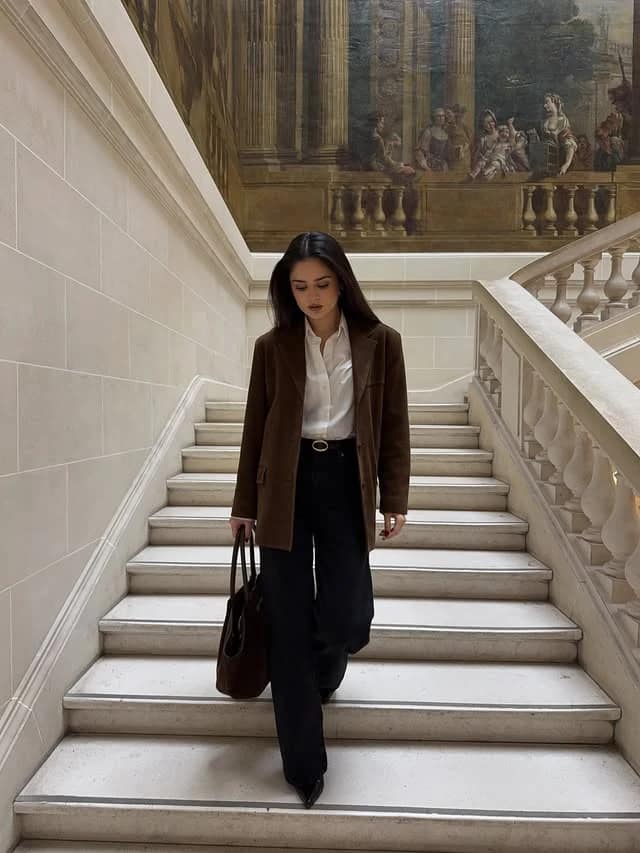 Chocolate Brown Blazer Outfit with Wide-Leg Trousers