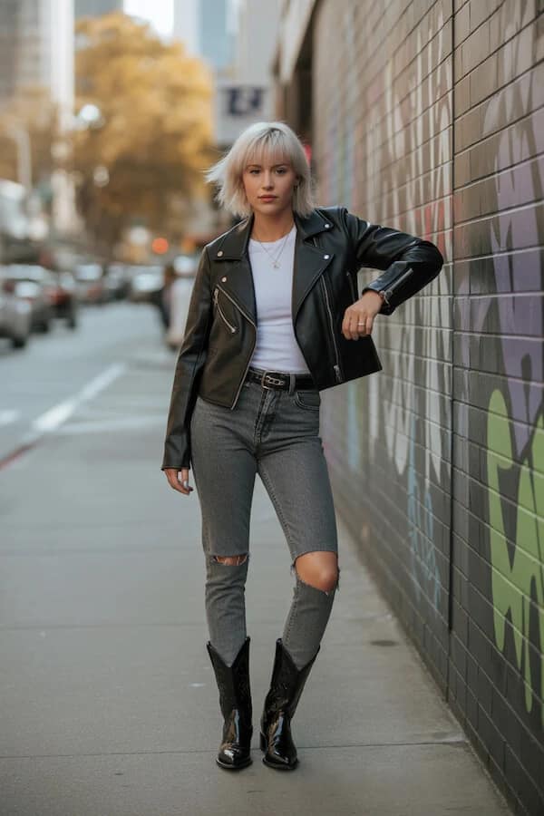 Black Moto Jacket Outfit with Grey Jeans and Cowboy Boots