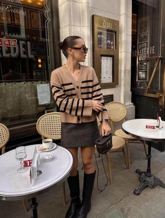 Camel Striped Cardigan Outfit with Tweed Mini Skirt