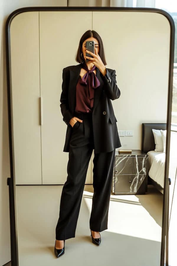 Black Blazer Burgundy Bow Blouse Wide-Leg Trousers