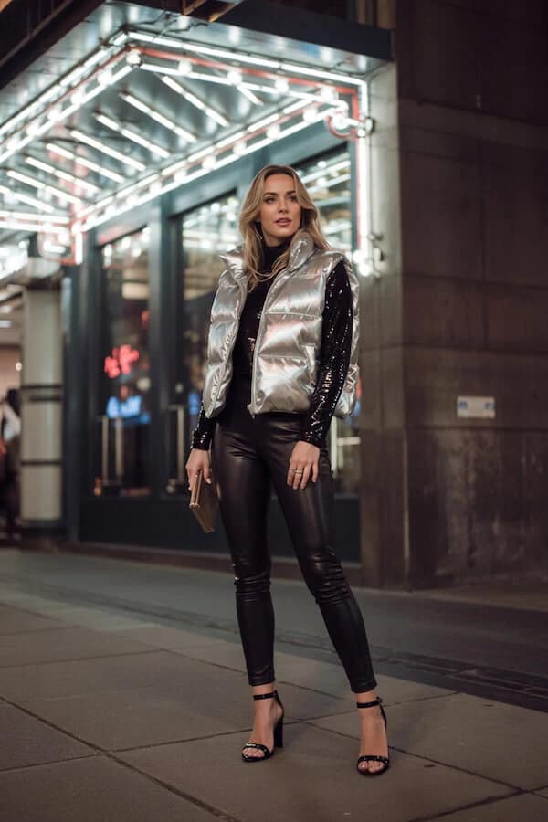 Silver Puffer Vest Outfit with Sequin Top and Leather Pants