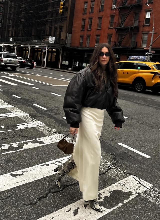 Black Leather Bomber Jacket Cream Silk Skirt Outfit