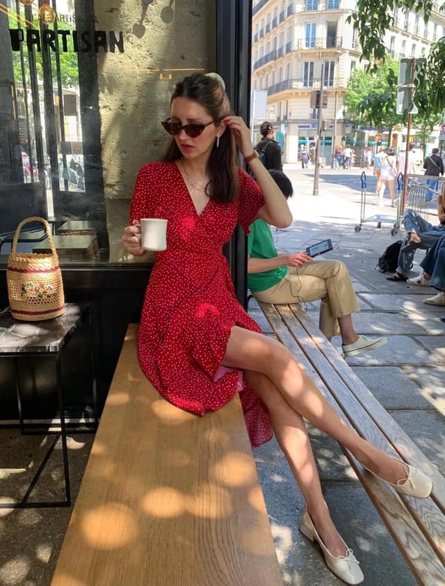 Red Polka Dot Wrap Dress Outfit with Ballet Flats