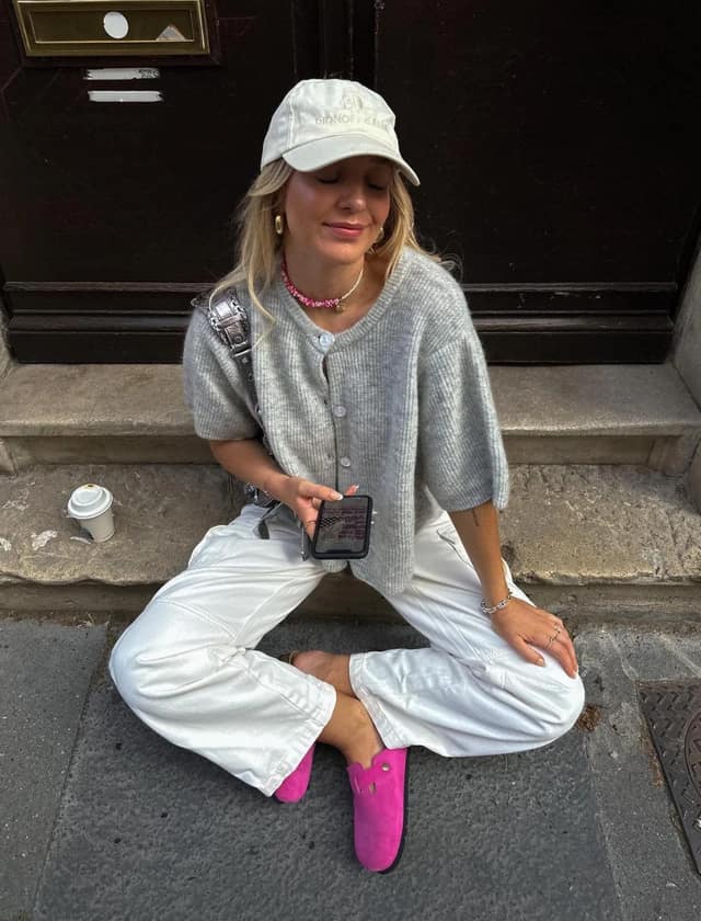 Grey Cardigan White Wide-Leg Trousers Pink Clogs Outfit