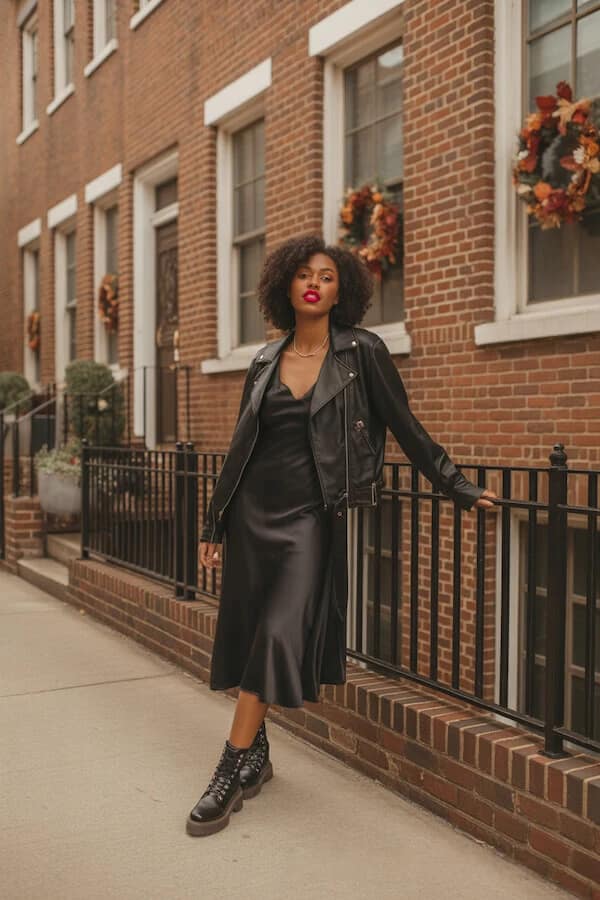 Black Leather Jacket Slip Dress Combat Boots Outfit
