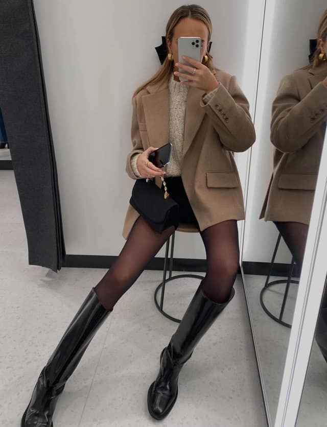 Camel Blazer Outfit with Black Knee-High Boots