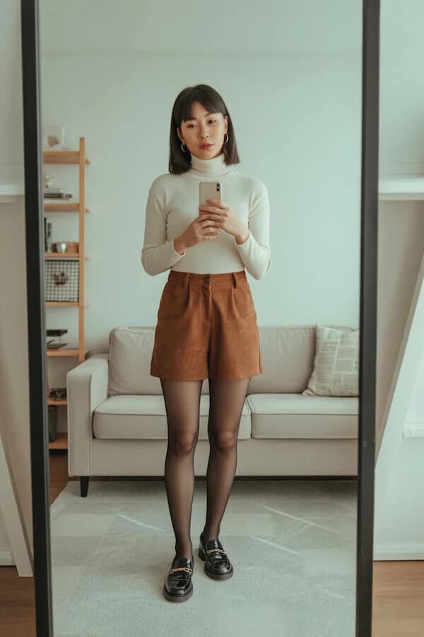 Cream Turtleneck Brown Linen Shorts Outfit