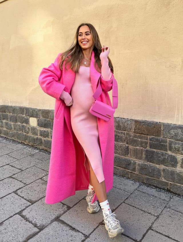 Hot Pink Oversized Coat Outfit with Knit Midi Dress