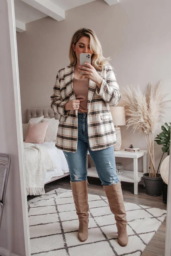Plaid Shacket Outfit with Skinny Jeans and Knee Boots
