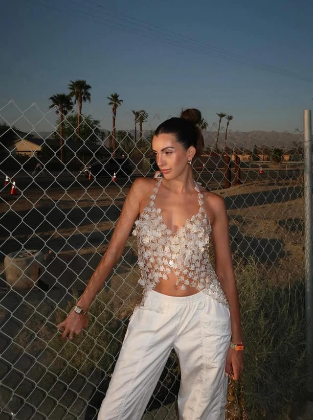 Sheer Floral Halter Top White Linen Trousers Outfit