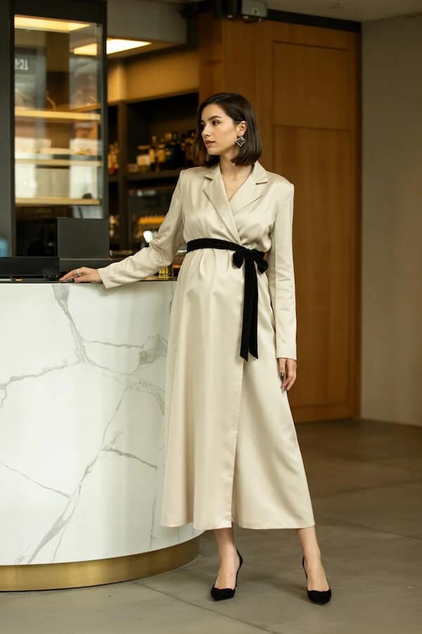 Ivory Wrap Dress Black Belt Work Outfit