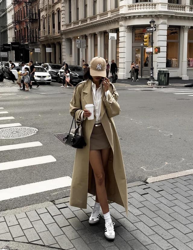 Beige Trench Coat Outfit with Brown Mini Skirt