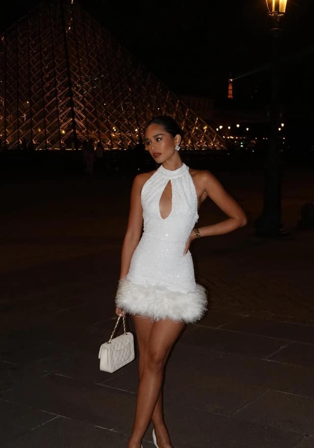 White Sequin Feather Hem Mini Dress Party Outfit