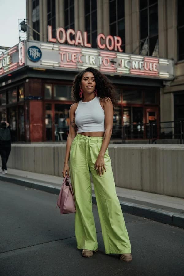 White Crop Top Lime Green Wide-Leg Trousers Spring Outfit