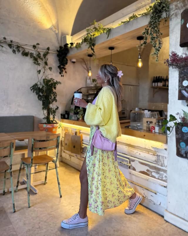 Yellow Cardigan Floral Midi Skirt Spring Outfit