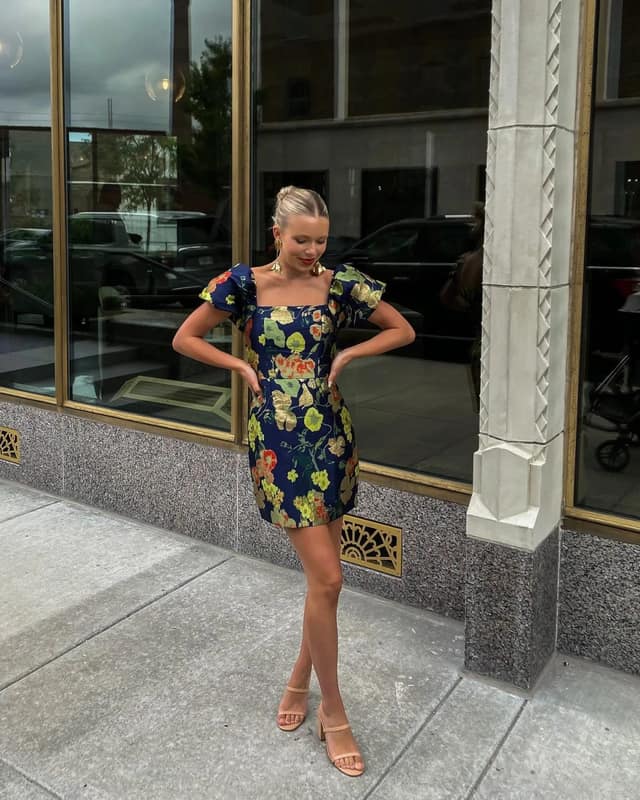 Navy Floral Mini Dress with Puff Sleeves