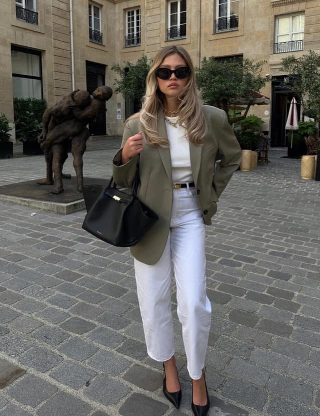 Olive Blazer White Jeans Outfit with Black Heels