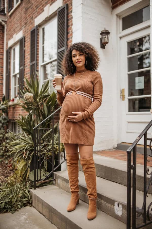 Camel Ribbed Knit Dress Over-the-Knee Boots Outfit