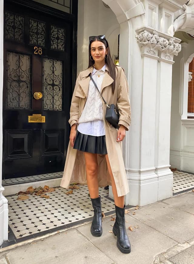 Beige Trench Cable Knit Sweater Pleated Skirt Outfit