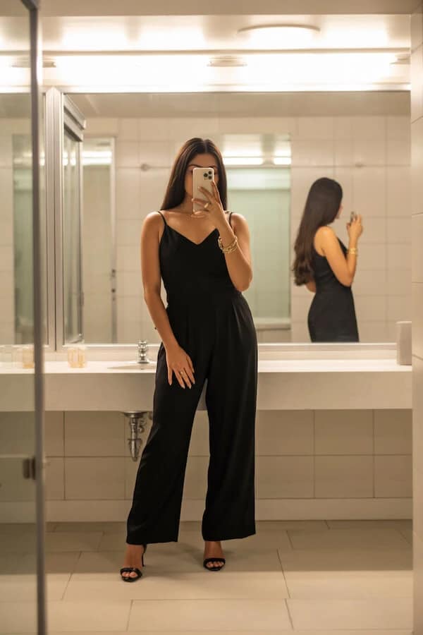 Black Wide-Leg Jumpsuit Outfit with Strappy Heels