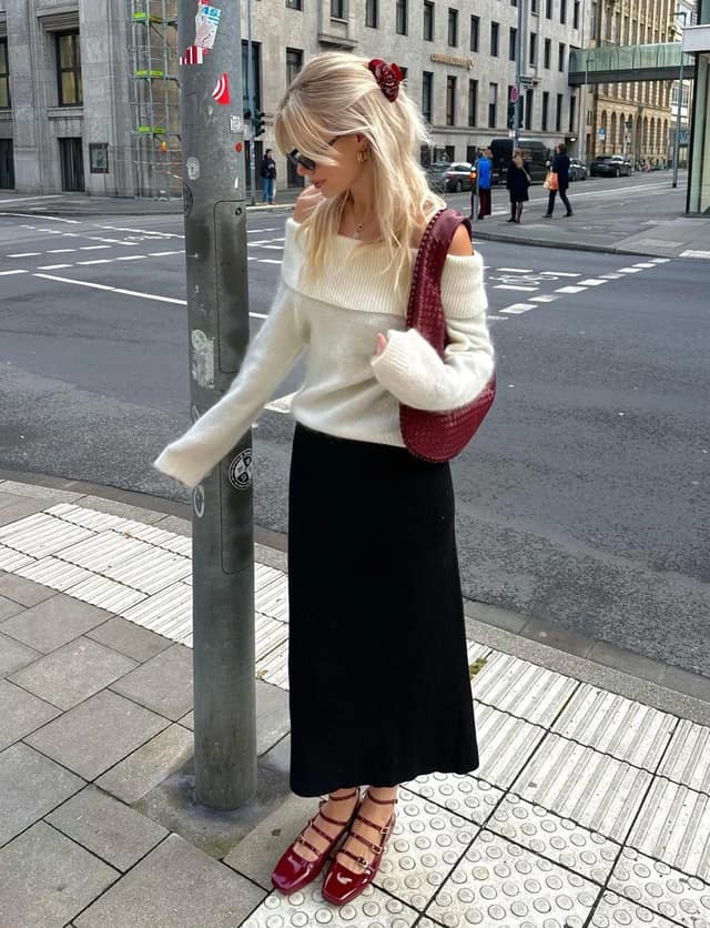 Cream Off-Shoulder Sweater Black Midi Skirt Burgundy Flats Outfit