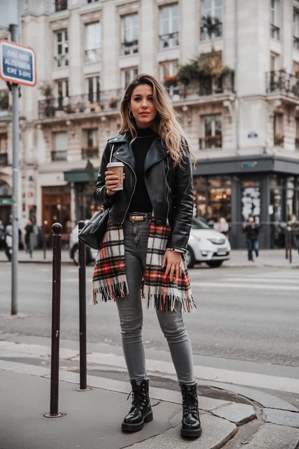 Black Leather Jacket Outfit with Grey Jeans and Tartan Scarf