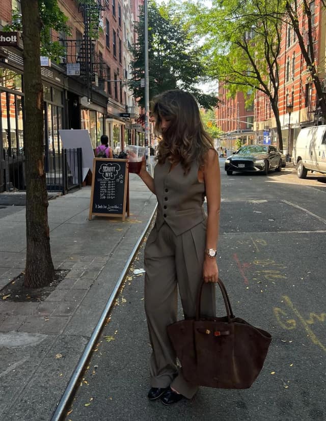 Olive Green Vest and Wide-Leg Trousers Outfit