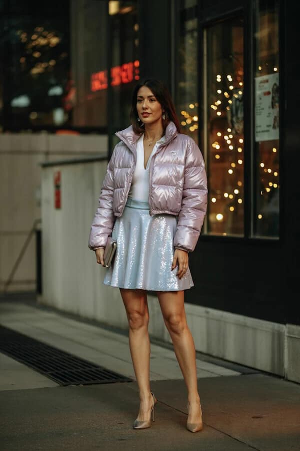 Pink Puffer Jacket Sequin Skirt Holiday Outfit