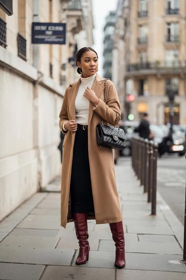 Camel Coat Cream Turtleneck Burgundy Boots Outfit