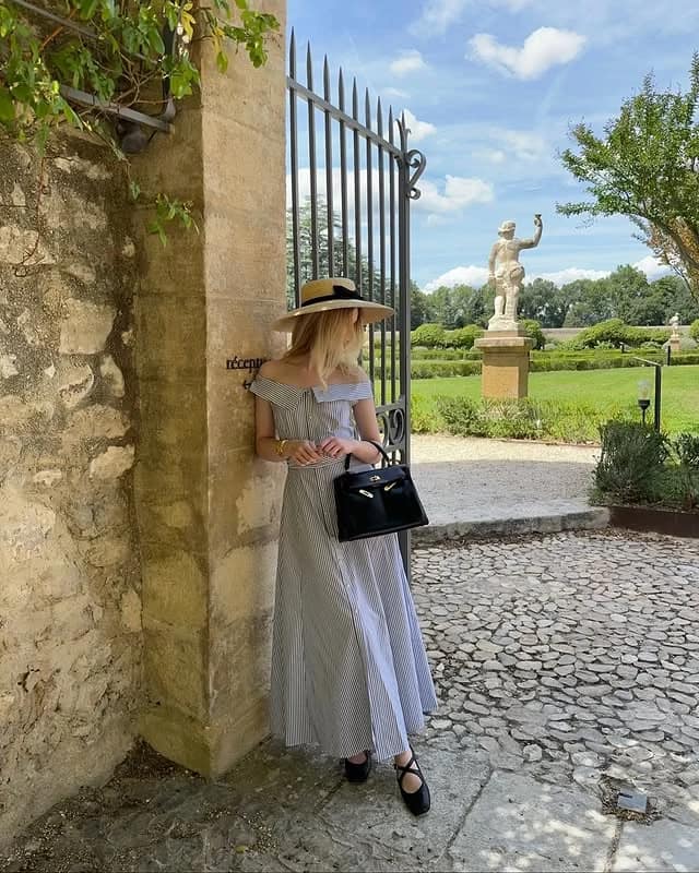 Off-Shoulder Striped Linen Dress Outfit with Straw Boater Hat