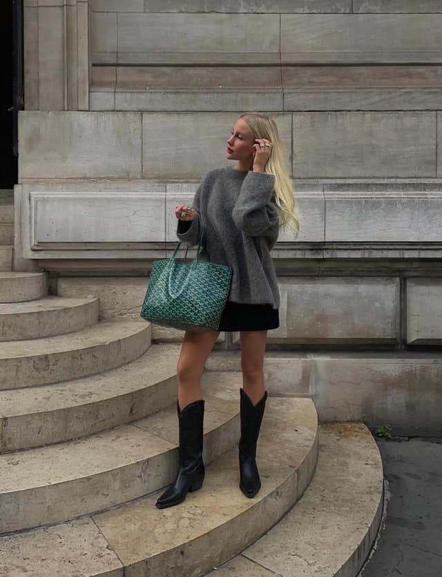 Gray Oversized Sweater Outfit with Black Mini Skirt and Boots