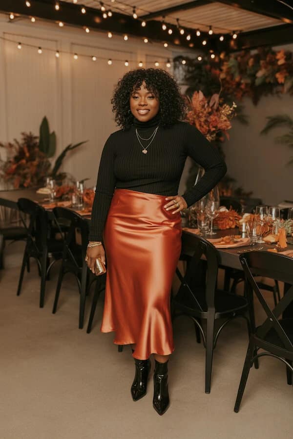 Black Turtleneck Rust Satin Midi Skirt Outfit