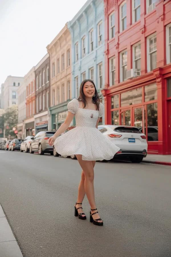 White Polka Dot Puff Sleeve Mini Dress Summer Outfit