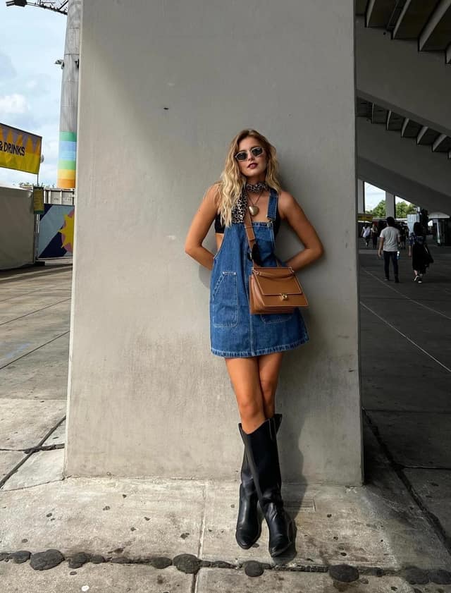 Denim Pinafore Dress Outfit with Black Cowboy Boots