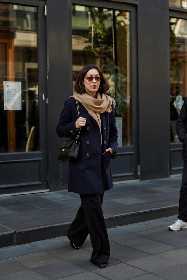 Navy Double-Breasted Coat Outfit with Camel Scarf