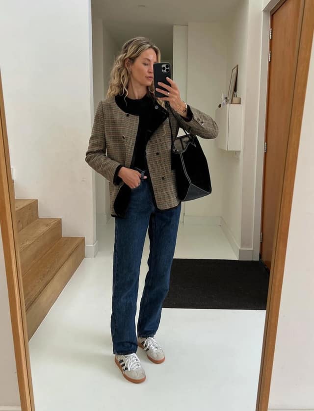 Brown Check Blazer Outfit with Black Turtleneck and Denim