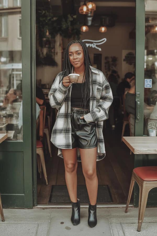 Oversized Plaid Shacket Outfit with Leather Mini Skirt