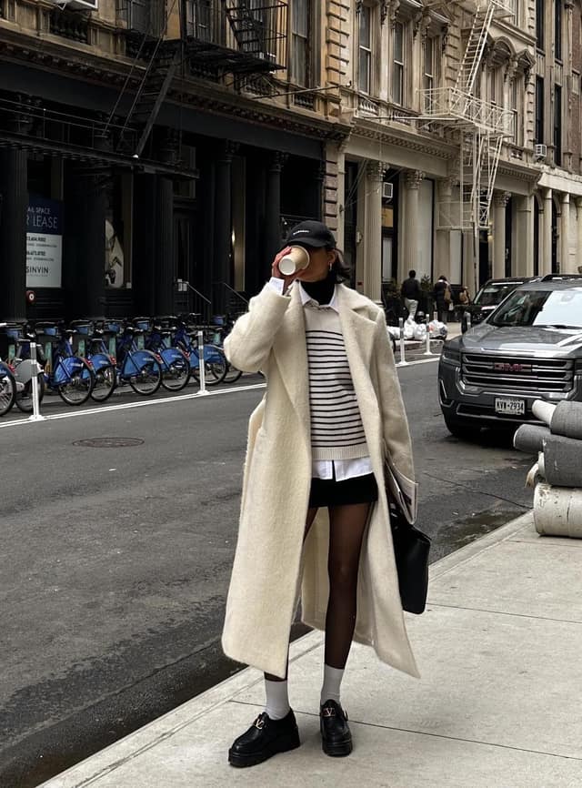 Cream Wool Coat Outfit with Striped Sweater Mini Skirt