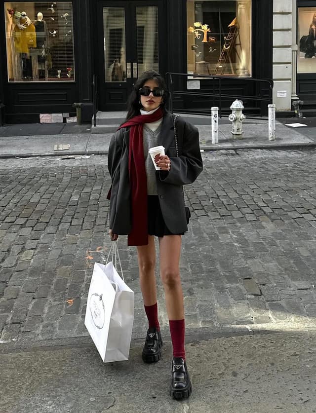Charcoal Blazer Burgundy Mini Skirt Knee Socks Fall Outfit