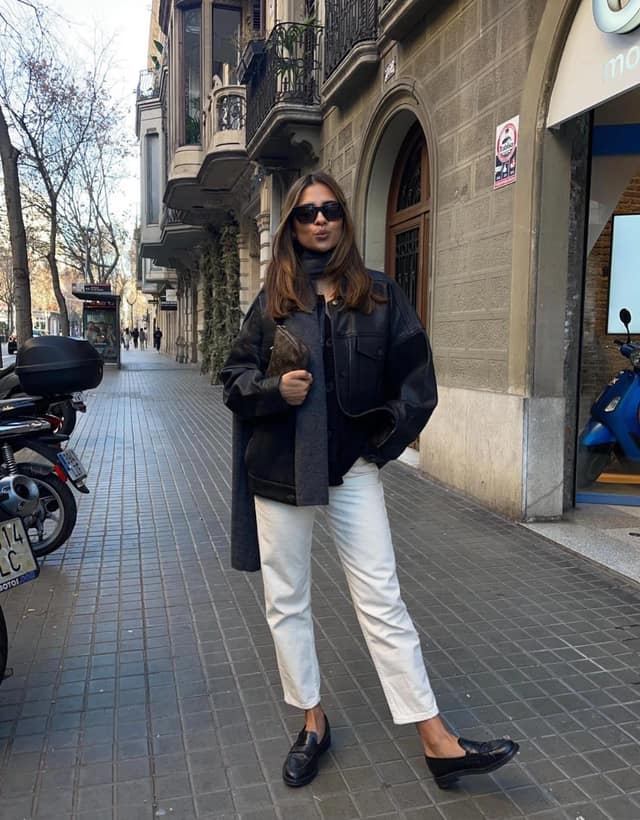 Black Shacket White Jeans Loafers Outfit