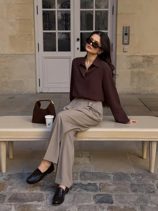 Chocolate Brown Shirt Outfit with Taupe Wide-Leg Trousers
