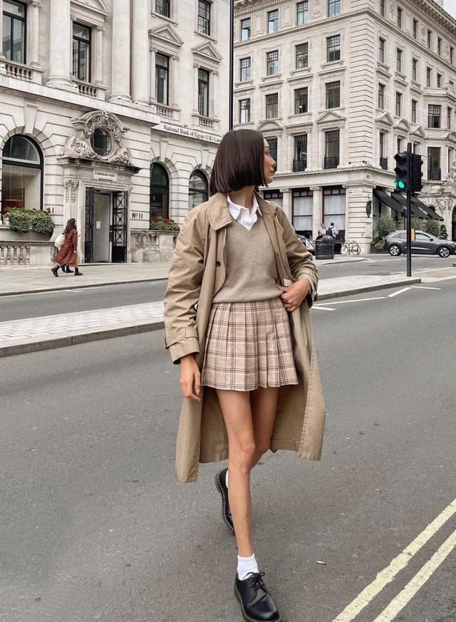 Beige Trench Coat Plaid Mini Skirt Outfit