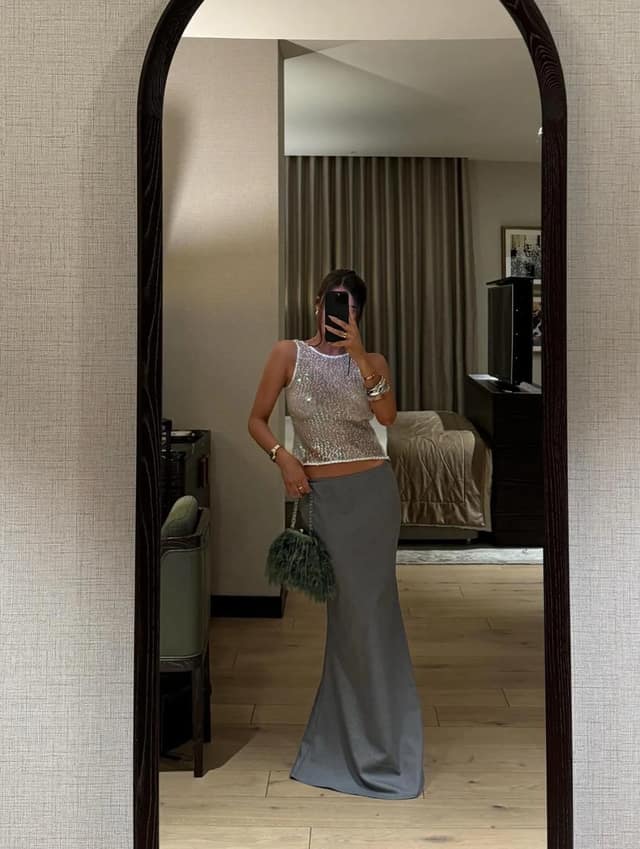 Silver Sequin Top Grey Satin Maxi Skirt Outfit