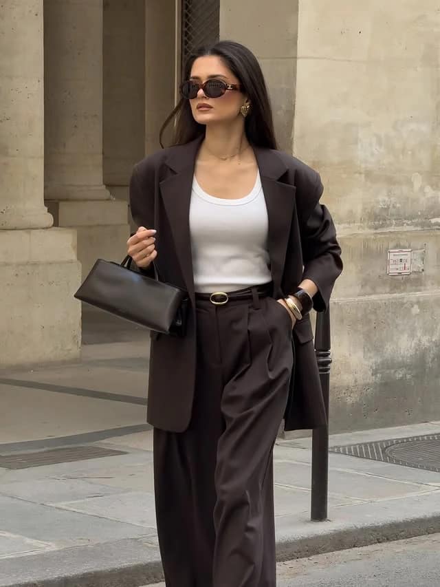 Chocolate Brown Blazer Wide-Leg Trousers White Tank Outfit