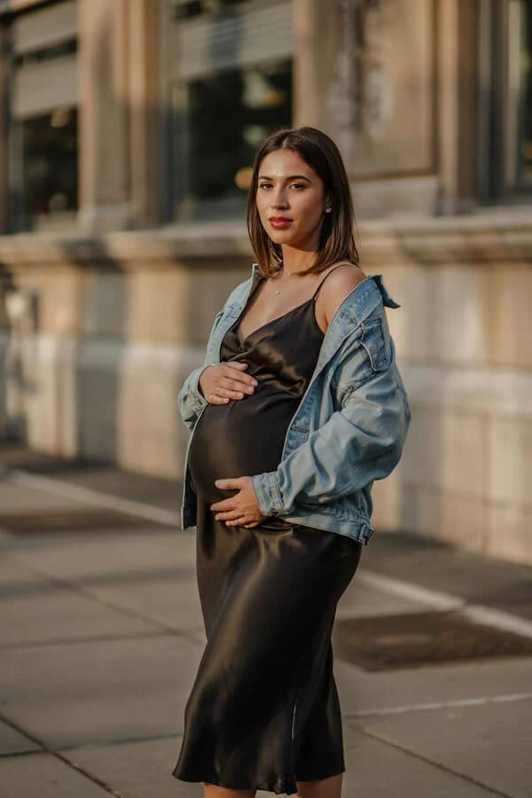 Black Silk Slip Dress with Denim Jacket Outfit