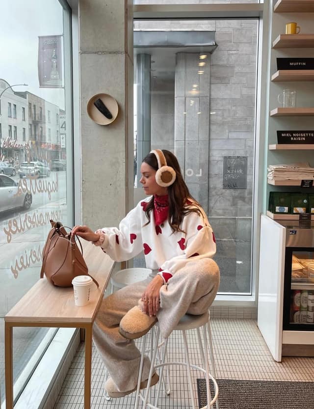 Heart Print Sweater Outfit with Wide-Leg Trousers and Red Scarf