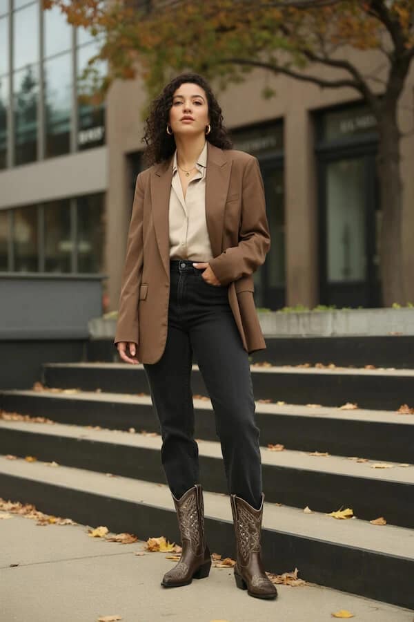 Camel Blazer Outfit with Cream Blouse Black Jeans