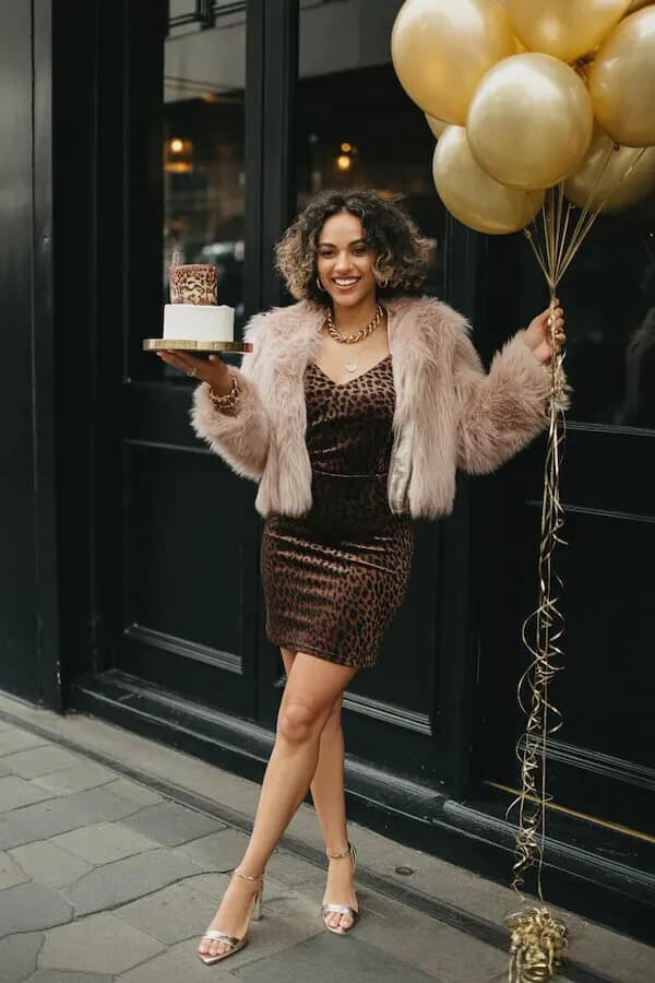 Leopard Print Dress with Blush Faux Fur Jacket Party Outfit