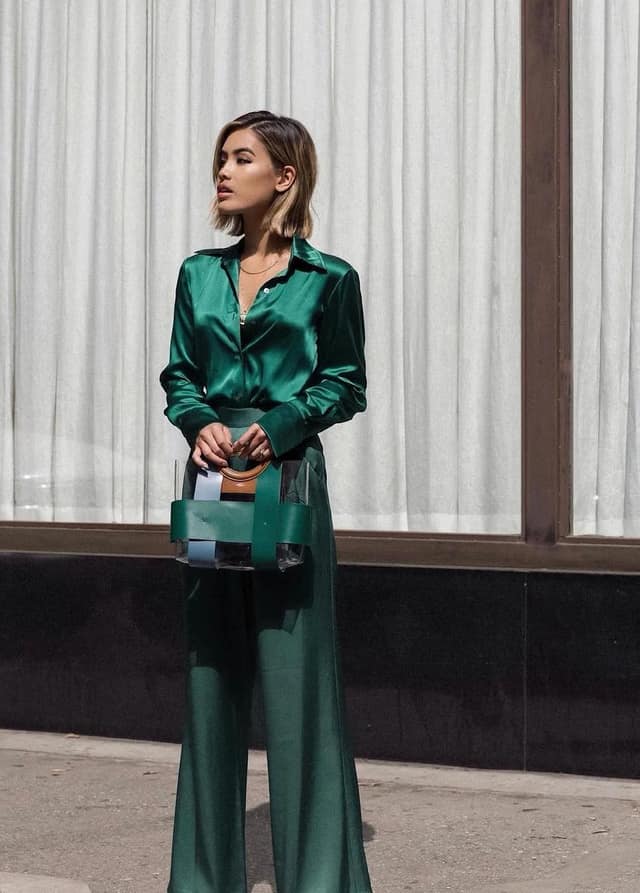 Emerald Green Satin Shirt Wide-Leg Trouser Outfit