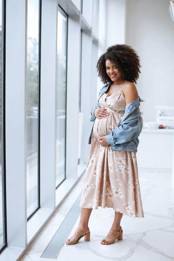 Blush Pink Floral Midi Dress with Denim Jacket Outfit